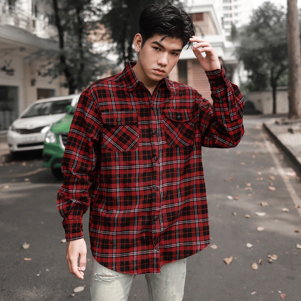 Áo Sơ Mi Flannel Sọc Đỏ Đen Chất Liệu Cotton Thoáng Mát