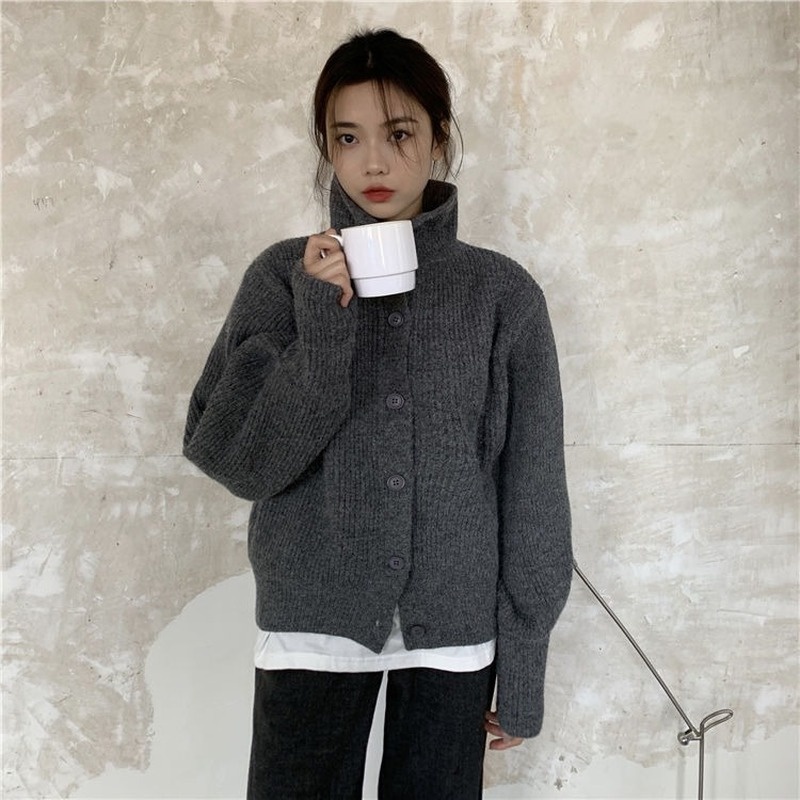 Áo khoác Cardigan dệt kim dày cổ lọ dáng rộng thời trang thu đông cho nữ