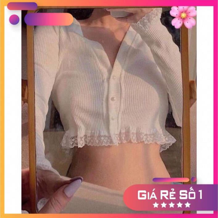 Áo Croptop Thun Tăm Phối Ren Nữ - Crt Tay Dài Cổ V Bánh Bèo Tiểu Thư Phông Trắng Ulzzang Sexy HOT . ཾ