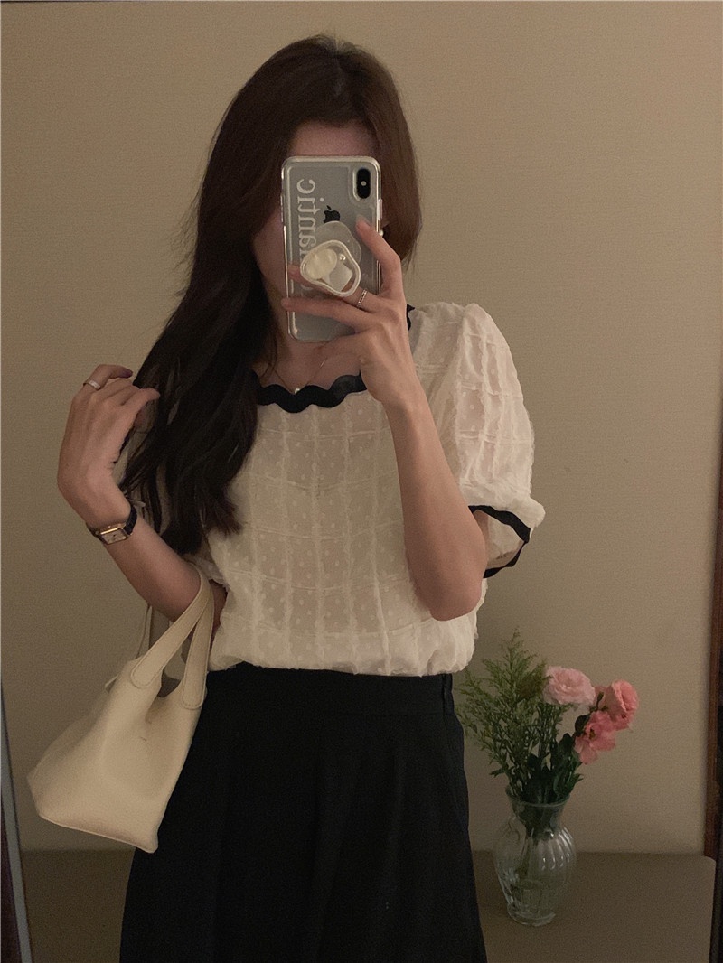 Áo Voan Cổ Tròn Phối Ren Ngắn Tay Thời Trang Hàn Quốc Sành Điệu 53884