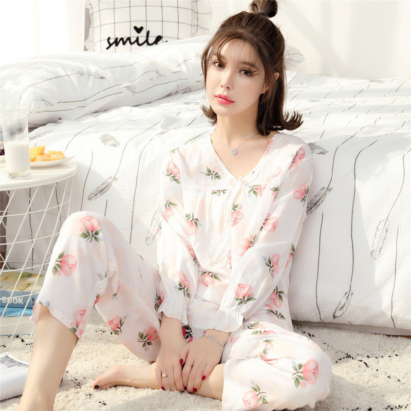 Bộ đồ ngủ dài tay Cotton Pijama vải lanh mềm mịn mặc mùa thu CiCi | BigBuy360 - bigbuy360.vn