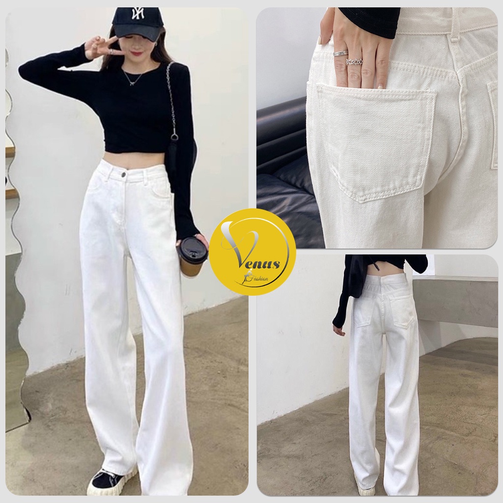 Quần Jean Ống Rộng Màu Trắng Kiểu Suông Dài Cạp Cao Ulzzang Hàn Quốc - Venus
