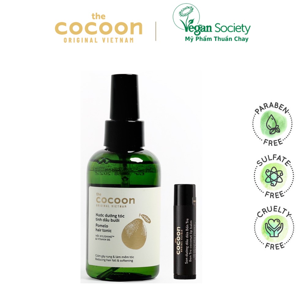 Nước dưỡng tóc tinh dầu bưởi (pomelo hair tonic) Cocoon 140ml tặng 1 son dưỡng cocoon 5g - Vegan Society