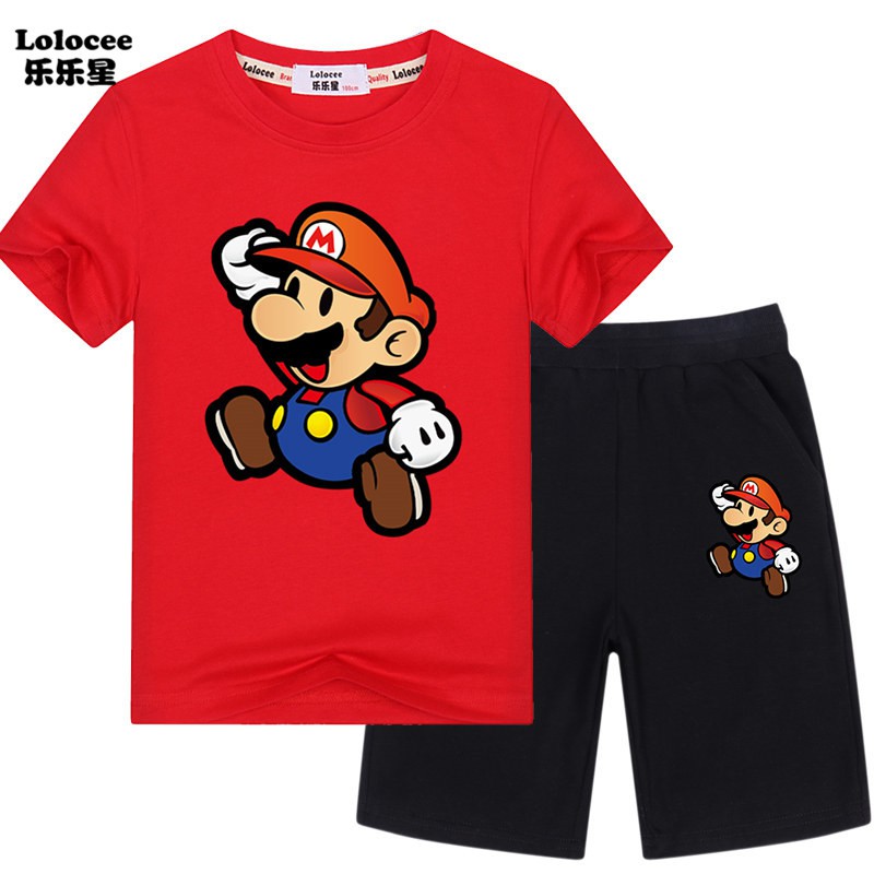 Bộ 2 Món Áo Thun Tay Ngắn &amp; Quần ngắn thể thao Short In Hình Super Mario Cho Bé Trai