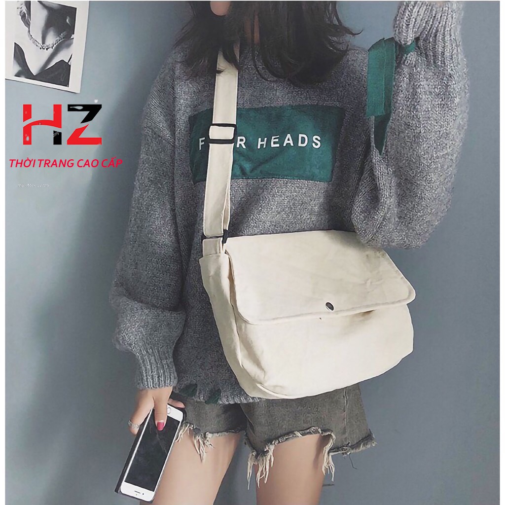 Túi tote vải canvas đeo chéo đi học đi chơi phong cách unisex nam nữ