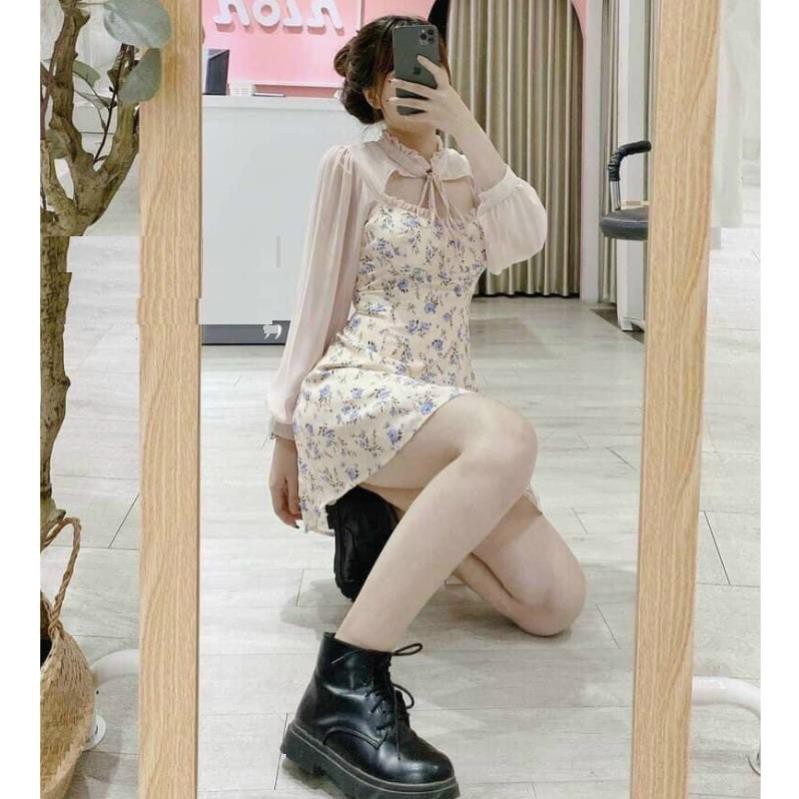 Váy đầm nữ dáng xòe hoa nhí cổ nơ khoét ngực dễ thương | BigBuy360 - bigbuy360.vn