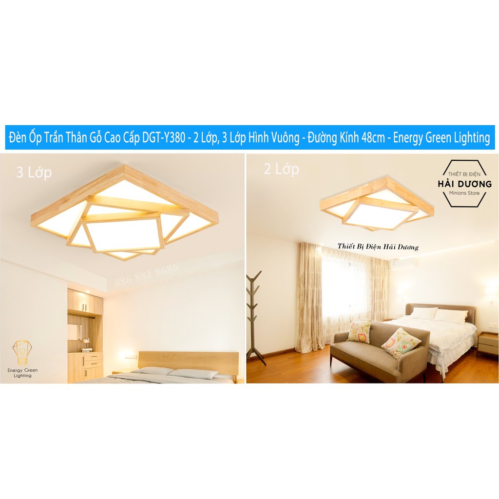 Đèn Ốp Trần Thân Gỗ Cao Cấp DGT-Y380 - 2 Lớp, 3 Lớp Hình Vuông - Đường Kính 48cm - Energy Green Lighting-Bảo Hành 1 Năm