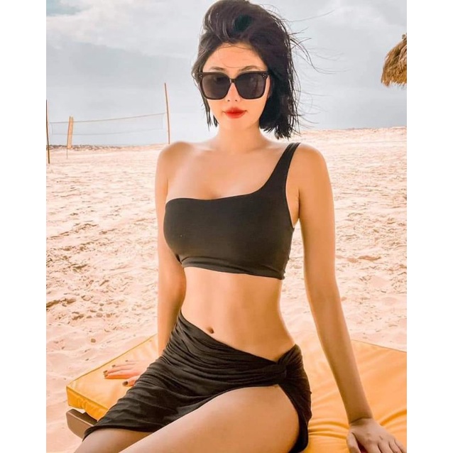 Bikini nữ đồ bơi bộ bơi đi biển set 3 món áo lệch vai váy xoắn dài qua gối  EVA S3MVX