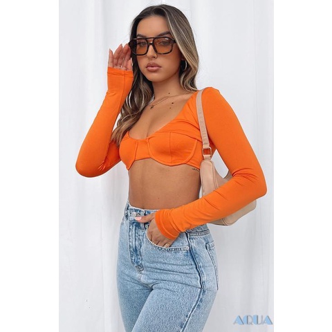 Áo Thun Crop Top Tay Dài Khoét Sâu Màu Trơn Gợi Cảm Cho Nữ