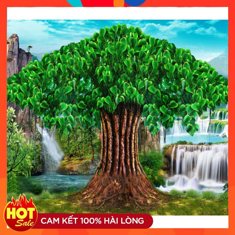 Tranh cây bồ đề,tranh hoa sen trang trí phòng thờ 3D vải lụa cao cấp