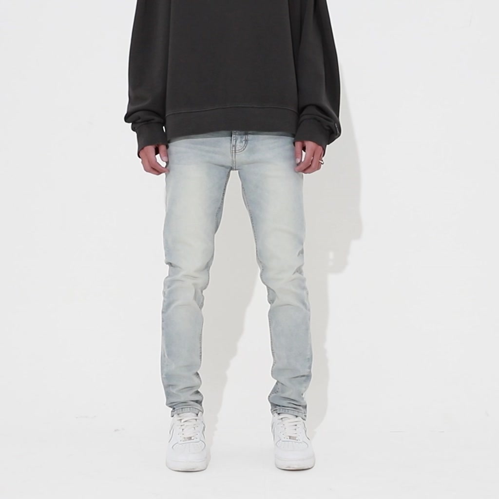 Quần jean nam streetwear cao cấp FNOS NZ20 màu xanh trơn wash bạc form slimfit jean co giãn | BigBuy360 - bigbuy360.vn