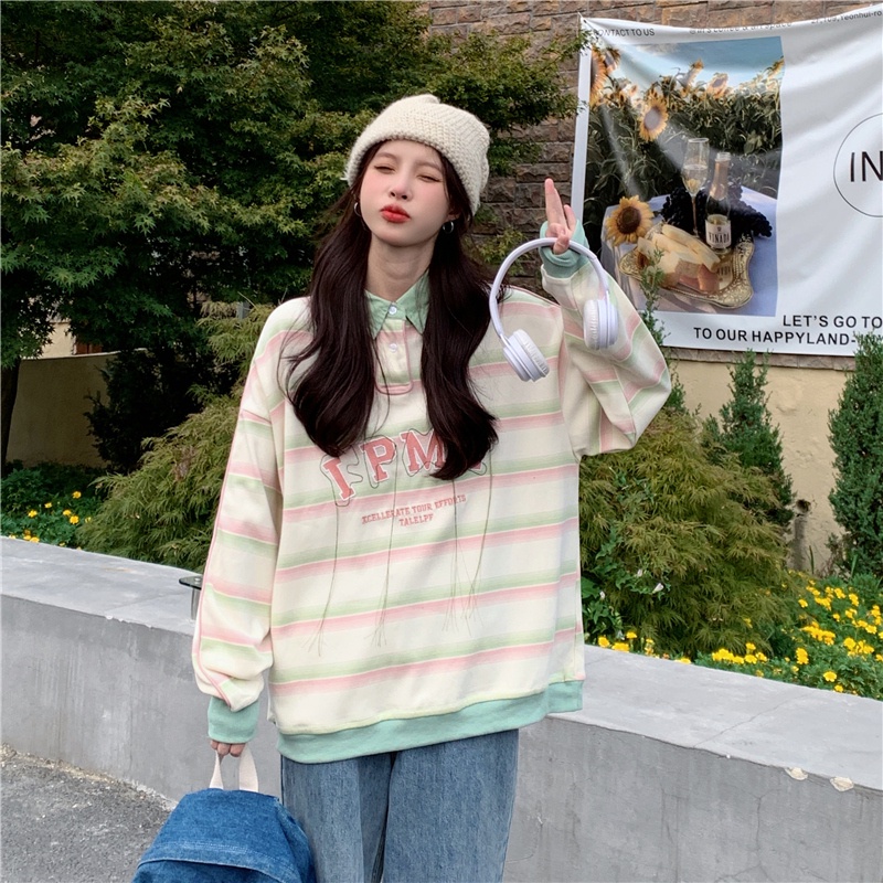 SUXI Áo Thun POLO Dài Tay Họa Tiết Kẻ Sọc Thời Trang Thu Đông Đơn Giản Cho Nữ