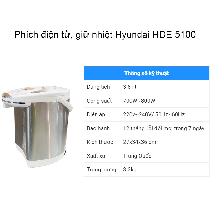 Phích Điện Tử Giữ Nhiệt HYUNDAI HDE 5100 Dung Tích 3.8L, Công Suất 800W - Chính Hãng Bảo hành 12 tháng