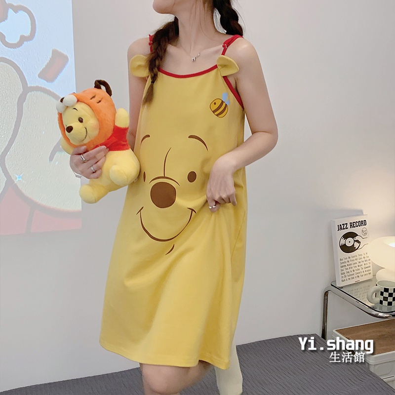 Đầm Ngủ Hai Dây Chất Cotton Dáng Rộng In Họa Tiết Hoạt Hình Phong Cách Hàn Quốc Dễ Thương Cho Nữ