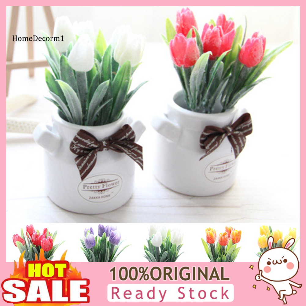 Bộ Chậu Hoa Tulip Nhân Tạo Kèm Nơ Trang Trí Độc Đáo