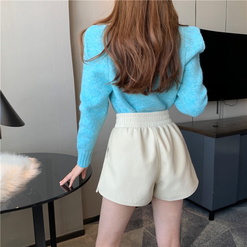 Quần đùi bằng da pu lưng cao ống rộng thời trang cho nữ