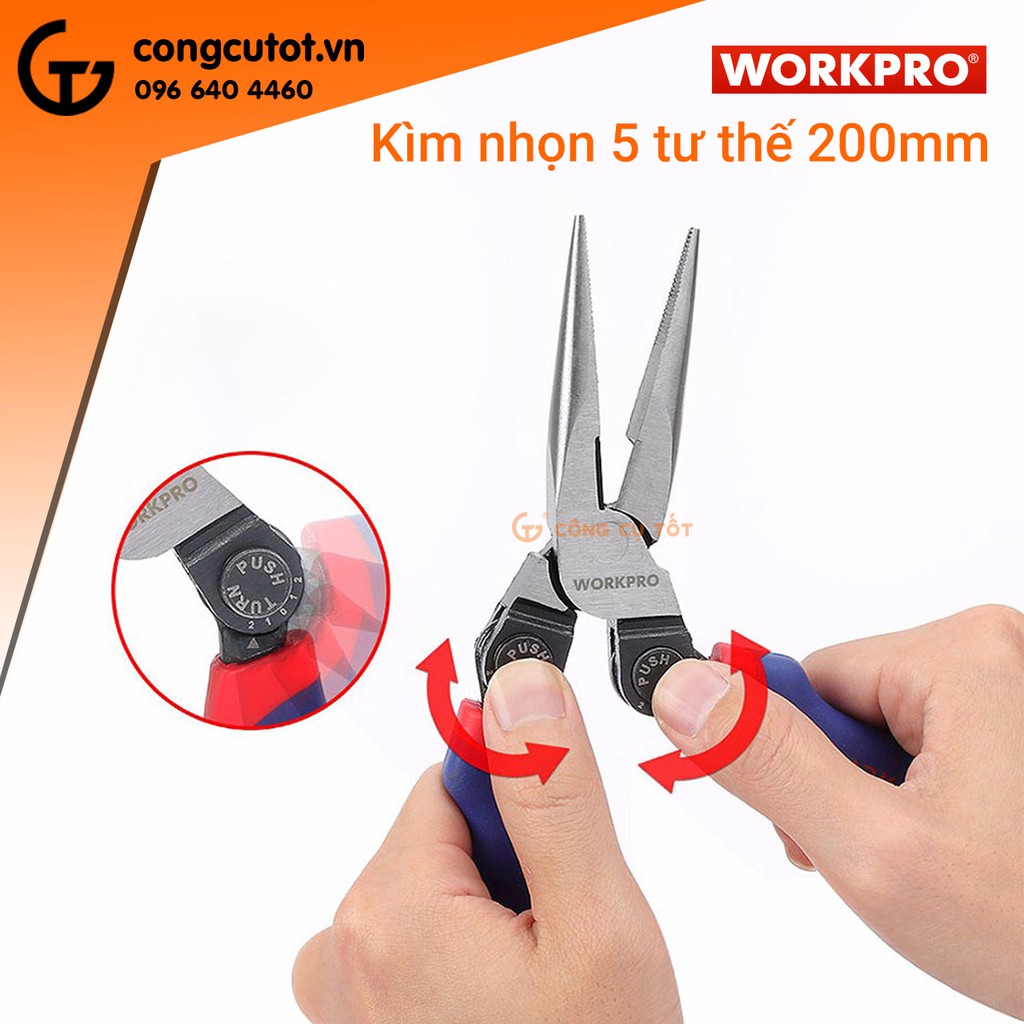 Kìm nhọn cán xoay 5 tư thế 200mm WORKPRO W031182