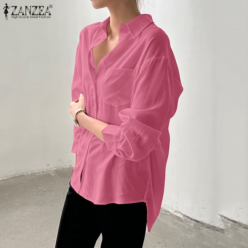 Áo sơ mi ZANZEA dài tay màu trơn dễ phối đồ thời trang thanh lịch cho nữ
