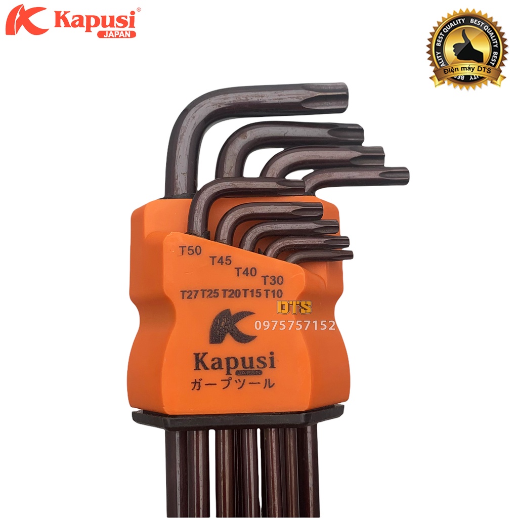 Bộ lục giác hoa thị có lỗ thép nâu S2 dài Nhật Kapusi JAPAN 9 chi tiết T10-T50 tay chữ L tối ưu, bộ lục giác bông mai