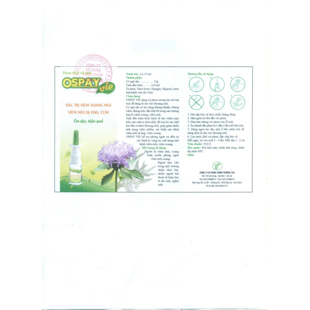 Ospay Vie - Nước xịt mũi kháng khuẩn, giúp thông mũi, ngạt mũi, khó thở - Hộp 15ml