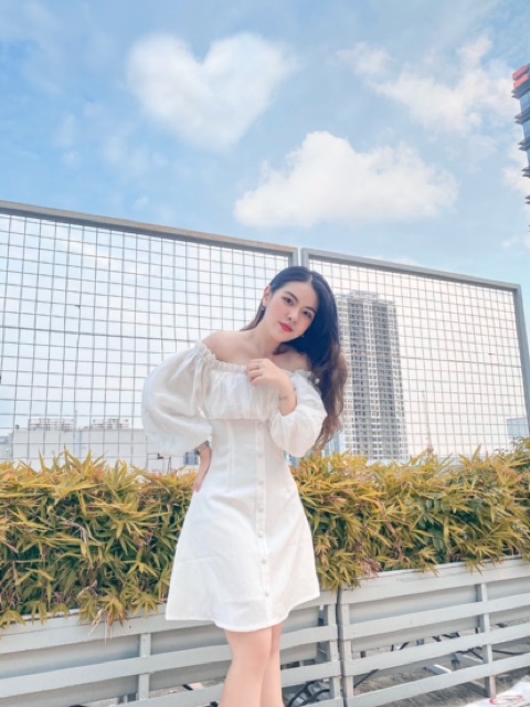 Đầm trễ vai tay phồng nút bọc Đầm dự tiệc Jna Official | BigBuy360 - bigbuy360.vn