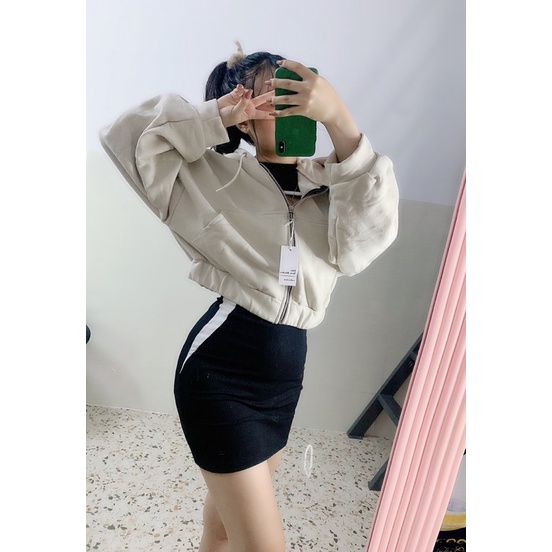 Áo khoác nỉ form ngắn, khóa kéo xịn, có nón