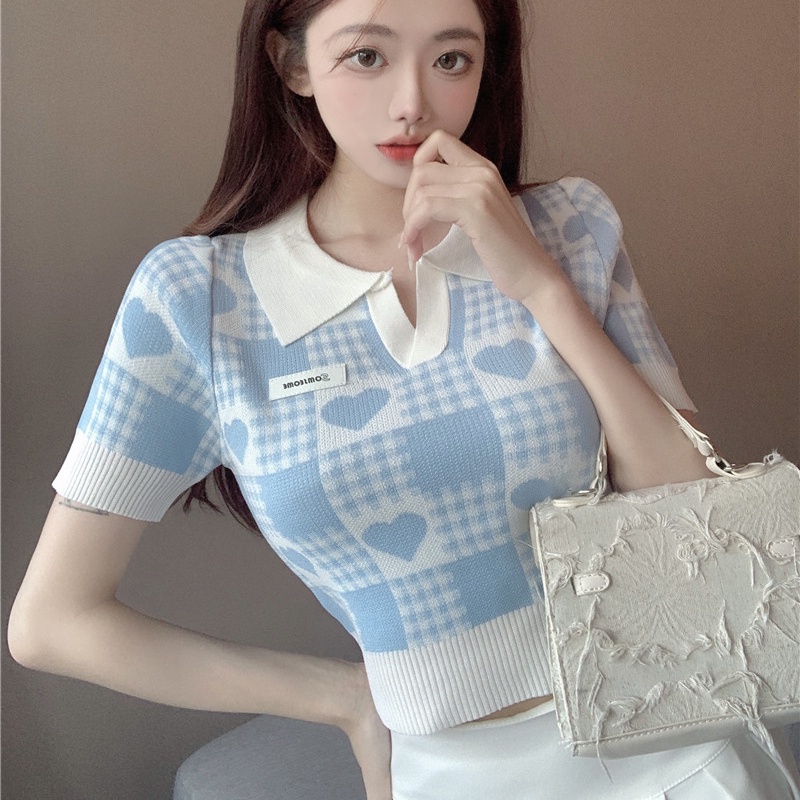 Áo polo SUXI dệt kim tay ngắn họa tiết sọc caro thời trang mùa hè cho nữ