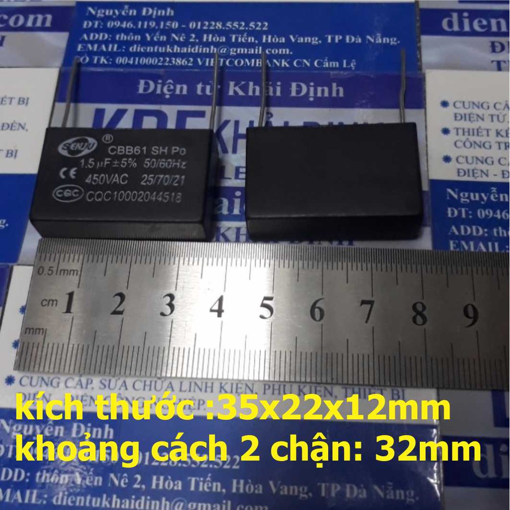 5 con TỤ CBB61, TỤ QUẠT 450V, ĐEN, chân cắm D: 32mm 1.5uF (gói 5 con) kde4310