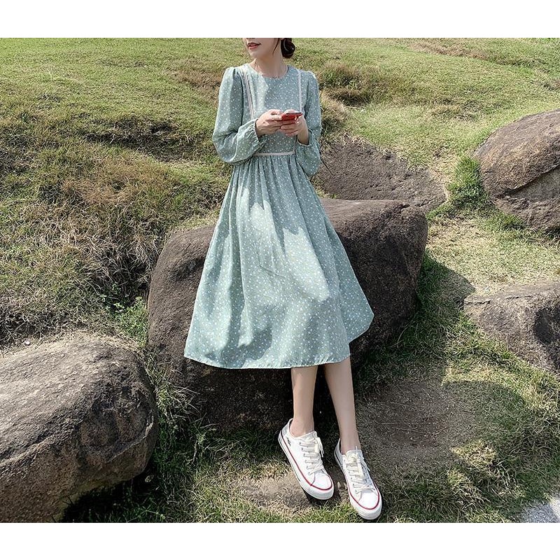 Đầm chữ A tay dài màu xanh lá thời trang thanh lịch cho nữ