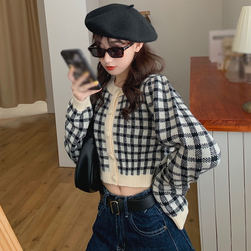 Áo khoác cardigan dệt kim tay dài phối nút trước họa tiết kẻ sọc thời trang cho nữ