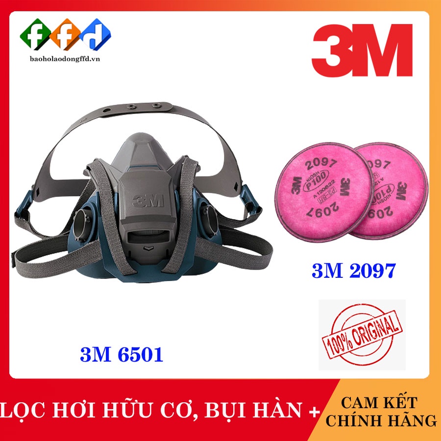 [Hàng chính hãng] Bộ mặt nạ 3M 6501QL dùng 2 phin lọc 2097, Mặt nạ chống bụi - chống hơi độc - khí hàn cắt đúc kim loại