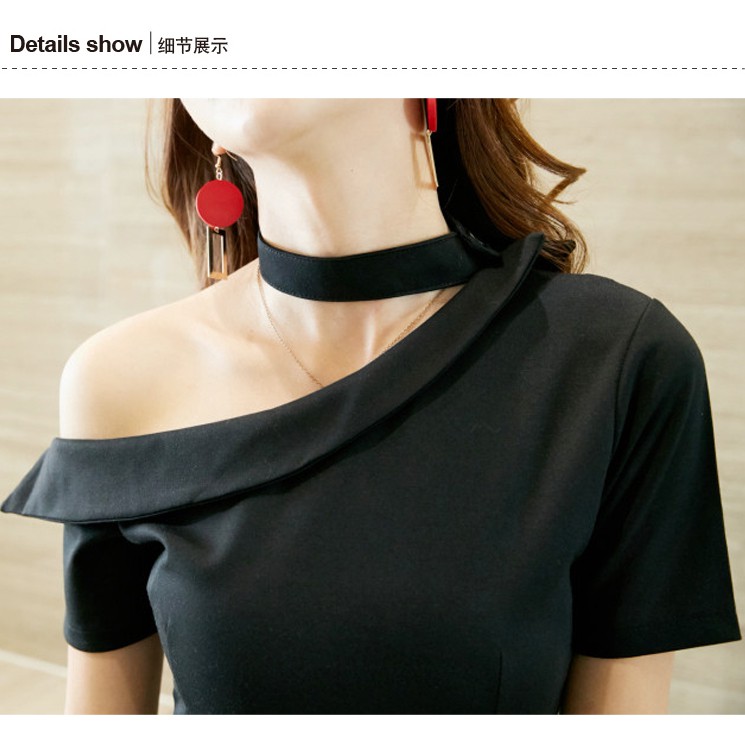 Đầm big size quảng châu xòe phối choker cổ hở xéo 1 bên vai  D911