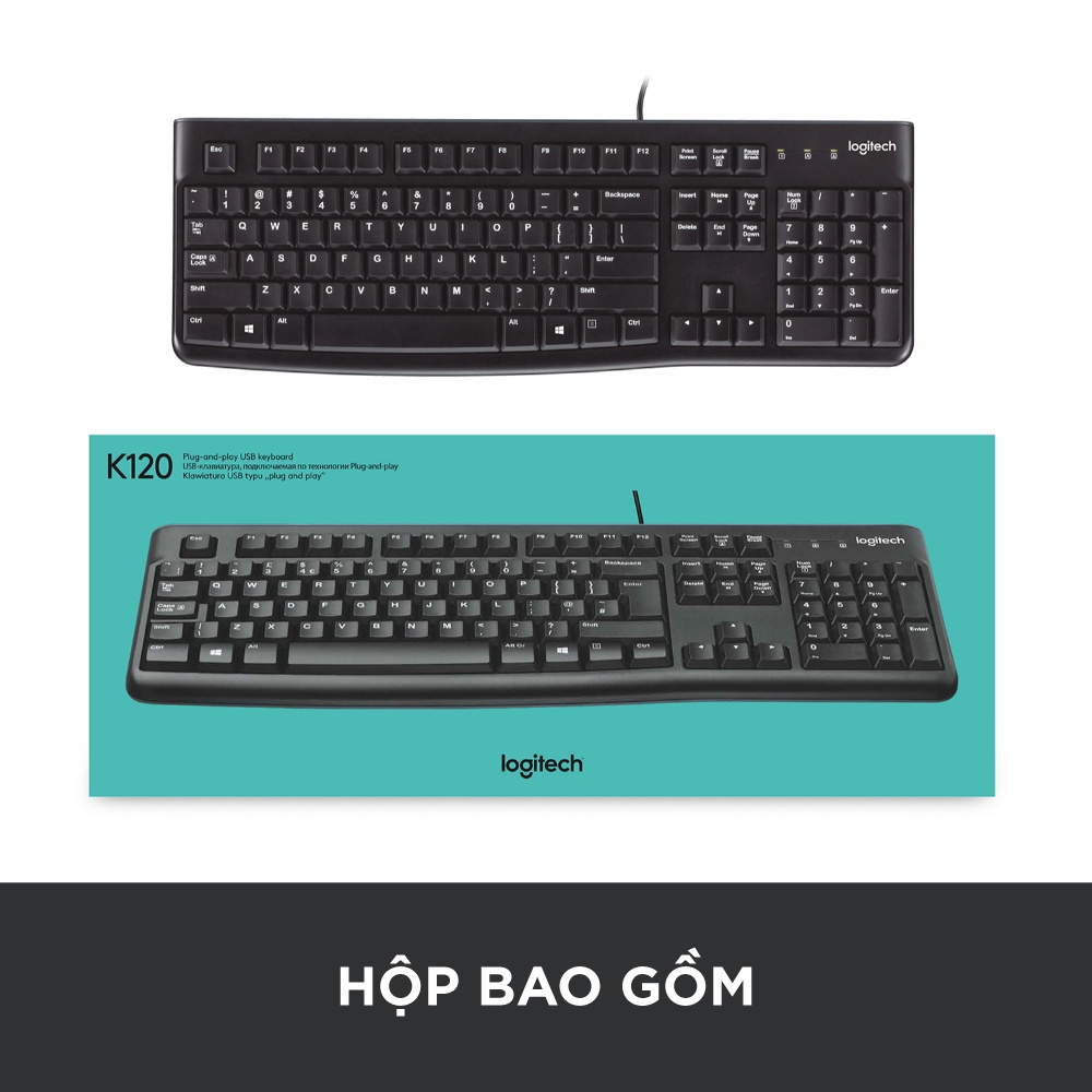 Bàn phím có dây Logitech K120 Bền bỉ, chống tràn, kích thước đầy đủ có phím số