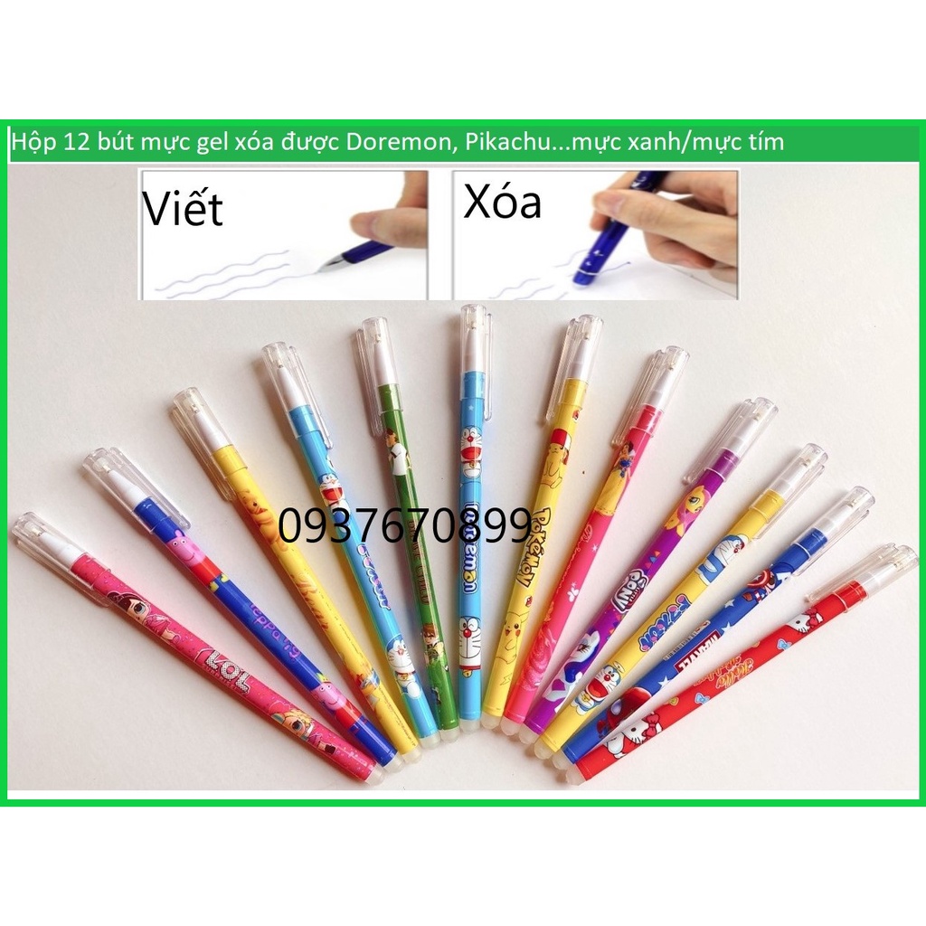 Sỉ -Hộp 12 cây bút nước xóa được Doraemon, Pikachu, hoạt hình-mực tím/mực xanh-ngòi 0.5mm-mực gel đầy,chất lượng