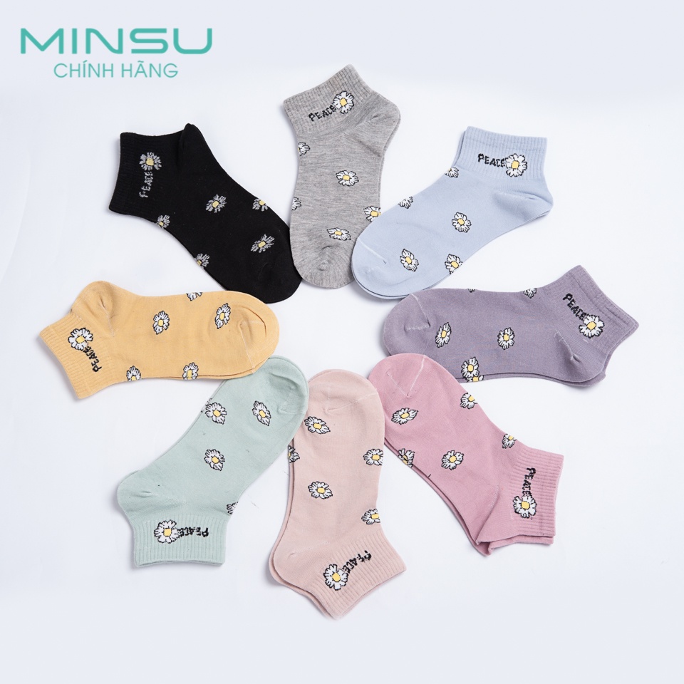 Vớ Nữ Cổ Ngắn Hàn Quốc MINSU M1365 Thêu Hình Hoa Cúc Họa Mi Cute, Chất Cotton Thoáng Mát Thấm Hút Mồ Hôi