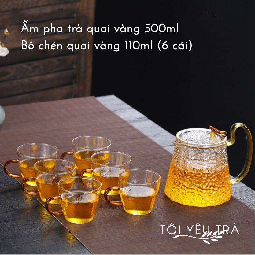 Ấm Pha Trà Thủy Tinh Có Lõi Lọc Quai Vàng Cao Cấp 500ml