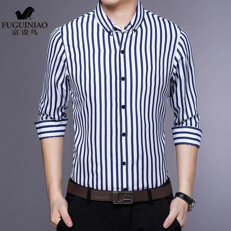 【Non-iron shirt】Men Formal Button Smart Casual Long Sleeve Slim Fit Suit Shirt Spring and autumn middle aged men's Long Sleeve Striped Shirt business leisure non iron large size shirt non iron men's wear