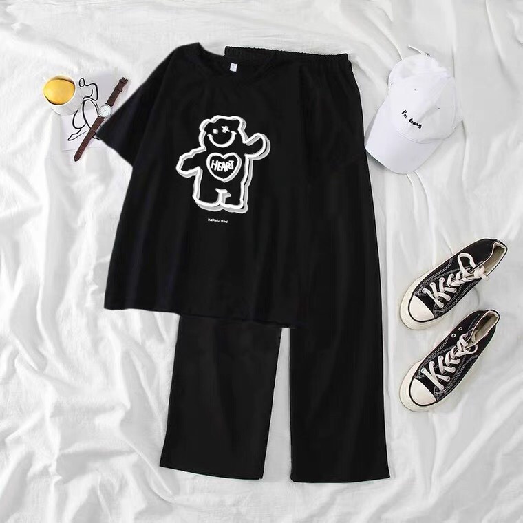 Sét Áo Gấu heat + quần suông trơn, Áo thun from rộng, Chất đẹp không xù, quần suông ống rộng, Sét bộ mặc ở nhà - MODY