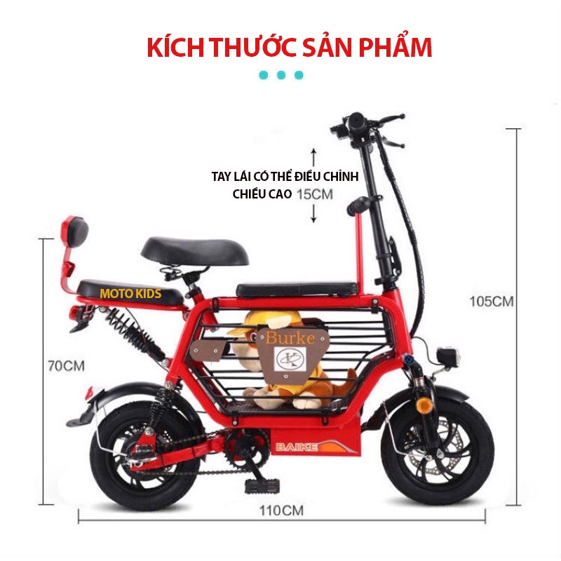 Xe đạp điện mini BURKE mẫu mới nhất,Pin lithium 48v-20a,tặng kèm giỏ xe,Hàng chính hãng