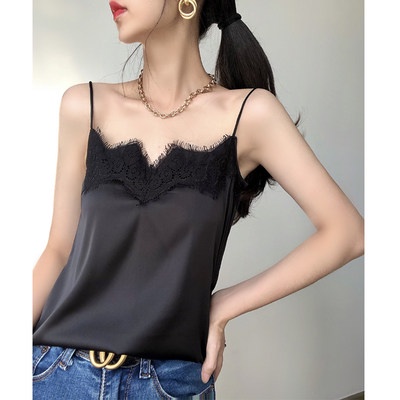 Mẫu mới mùa thu 2020, mặc bên ngoài, lông mi, sexy, phối đồ, phối đồ, áo ba lỗ ren màu đen, dây đeo nữ