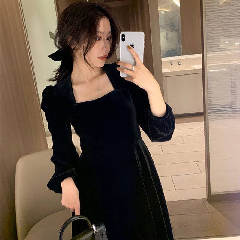 Váy Nhung Xòe Dáng Dài Thu Đông Đầm Dự Tiệc Thanh Lịch Hàng Quảng Châu Chất Đẹp