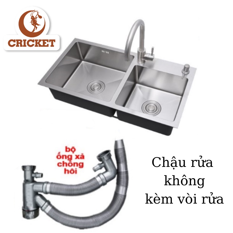 Chậu rửa chén đúc liền khối 82x45cm, 2 HỘC LỆCH (KB8245L) - INOX SUS 304 - Bồn rửa chén inox 100%