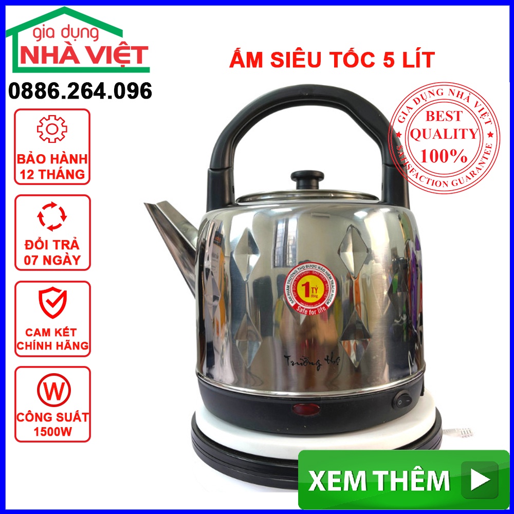 Ấm siêu tốc, Ấm đun siêu tốc Trường Thọ 5 lít công suất 1500W bảo hành 12 tháng đổi trả miễn phí 7 ngày BA-2088Diamond