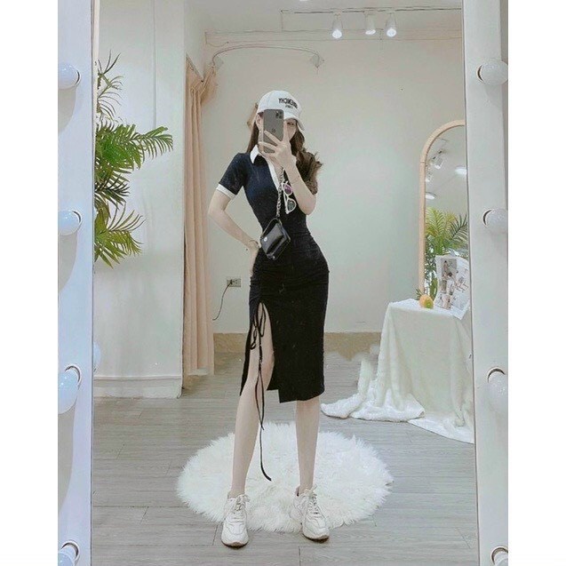 Đầm body tay ngắn nữ chất thun gân kiễu cổ bẻ sơ mi xẽ tà hot 67