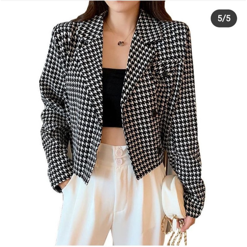 Áo khoác dạ dáng ngắn croptop họa tiết caro răng sói