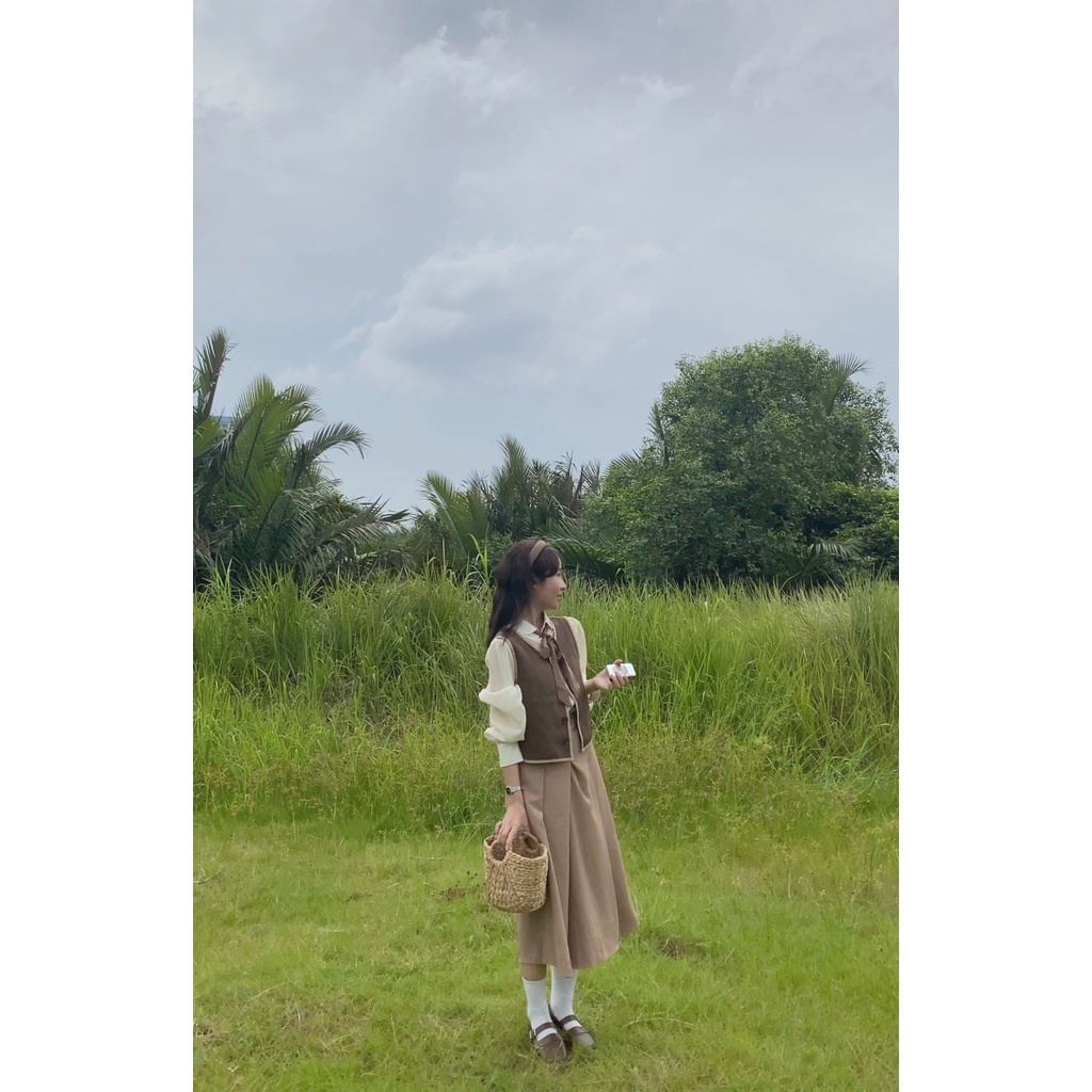 Set đồ ulzzang váy xếp li dáng dài phối sơ mi nơ phong cách tiểu thư vintage - immin.h