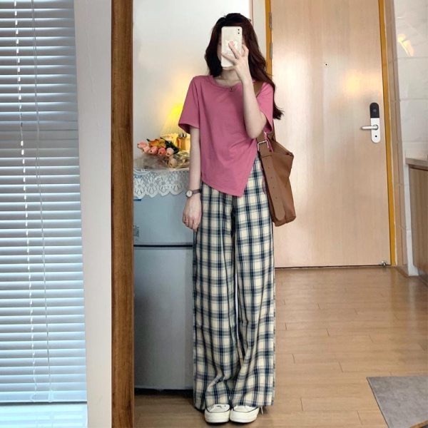 Set Áo Thun Ngắn Tay + Quần Dài Sọc Caro Thời Trang Mới Cho Nữ