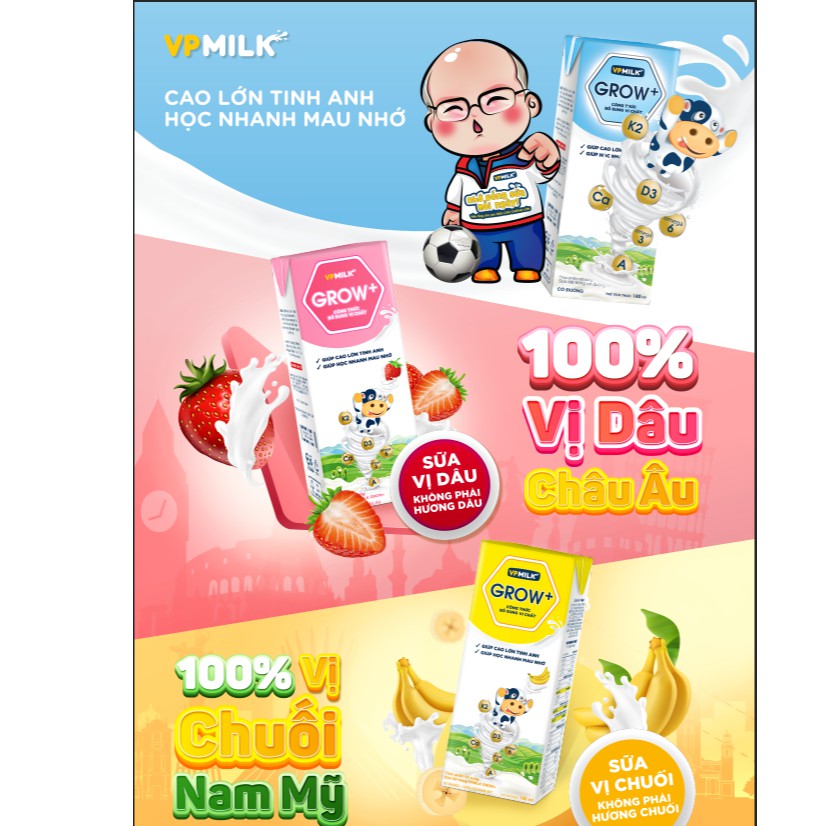 [Mã 267FMCGSALE giảm 8% đơn 500K] [Set 4 Hộp 110ml] Sữa Tiệt Trùng VPMilk Grow+ Vị Dâu, Vị Chuối 110ml