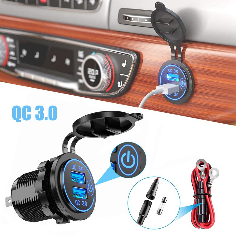 Tẩu Sạc Nhanh USB 3.0 12V 36W Có Công Tắc Màu Xanh Dương Cho Xe Hơi / Xe Máy / Tàu Thuyền