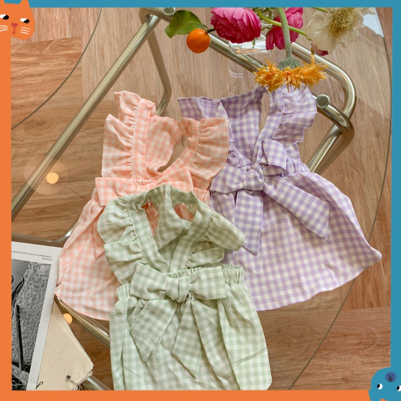 Đầm Hai Dây Họa Tiết Sọc Caro Đính Nơ Cỡ Lớn Thời Trang Mùa Hè Xinh Xắn Cho Thú Cưng